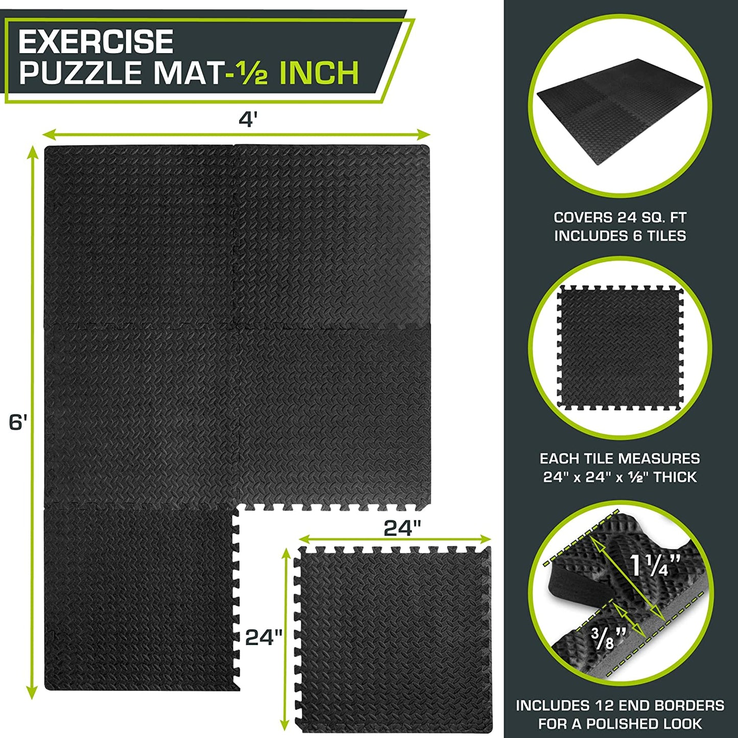 Puzzle Exercise Mat ½ In, EVA Interlocking Foam Floor Tiles for Home Gym, Mat for Home Workout Equipment, Floor Padding for Kids, Black, 24 in X 24 in X ½ In, 24 Sq Ft - 6 Tiles